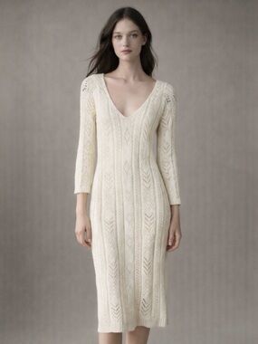 Lulus Ivory Pointelle Knit Sweater Dress XS Long Sleeve Midi